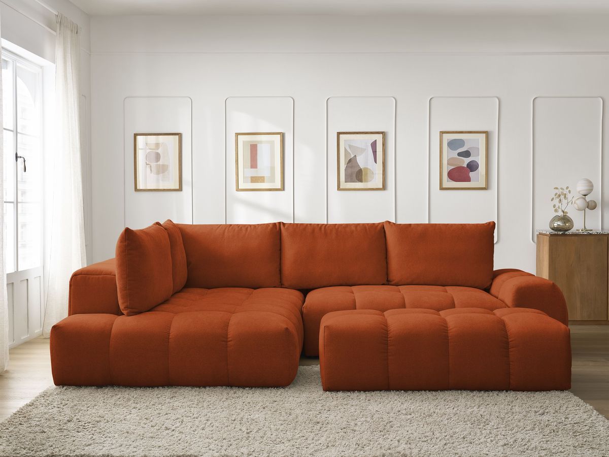 Canapé d'angle L convertible coffre EVEREST tissu texturé avec pouf orange angle gauche BOBOCHIC 4 places - Vue supplémentaire 3
