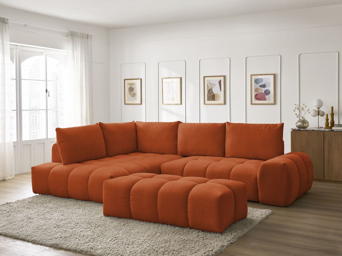 Canapé d'angle L convertible coffre EVEREST tissu texturé avec pouf