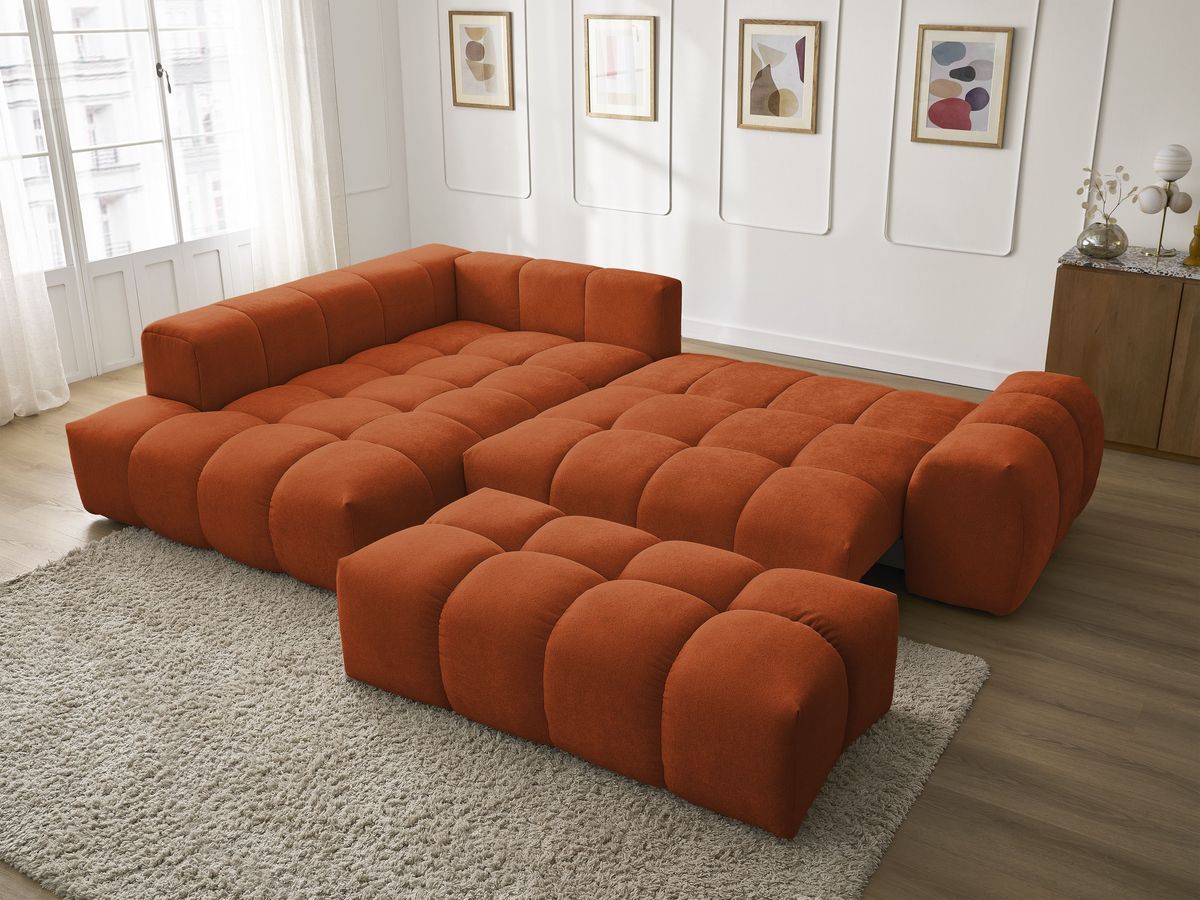 Canapé d'angle L convertible coffre EVEREST tissu texturé avec pouf