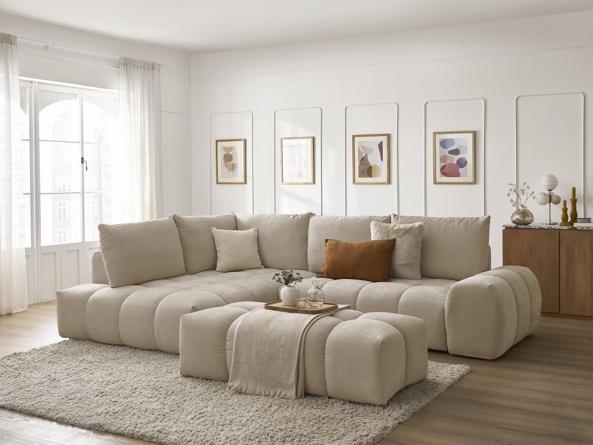 Canapé d'angle L convertible coffre EVEREST tissu texturé avec pouf
