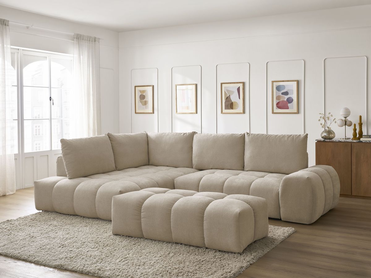 Canapé d'angle L convertible coffre EVEREST tissu texturé avec pouf