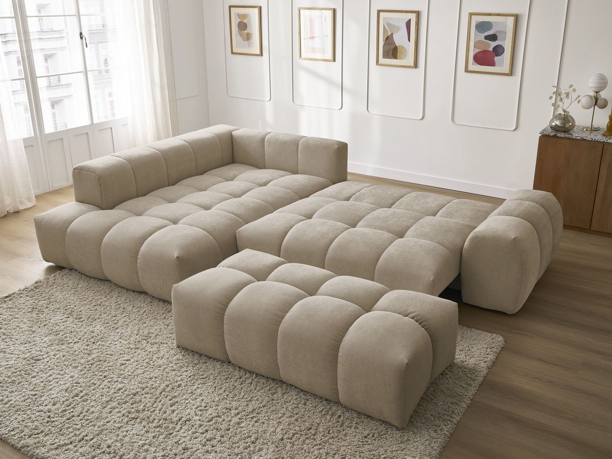 Canapé d'angle L convertible coffre EVEREST tissu texturé avec pouf