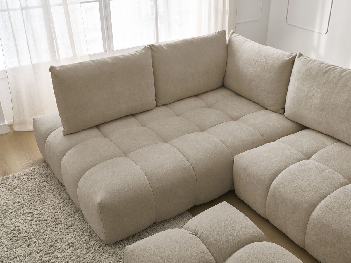 Canapé d'angle L convertible coffre EVEREST tissu texturé avec pouf