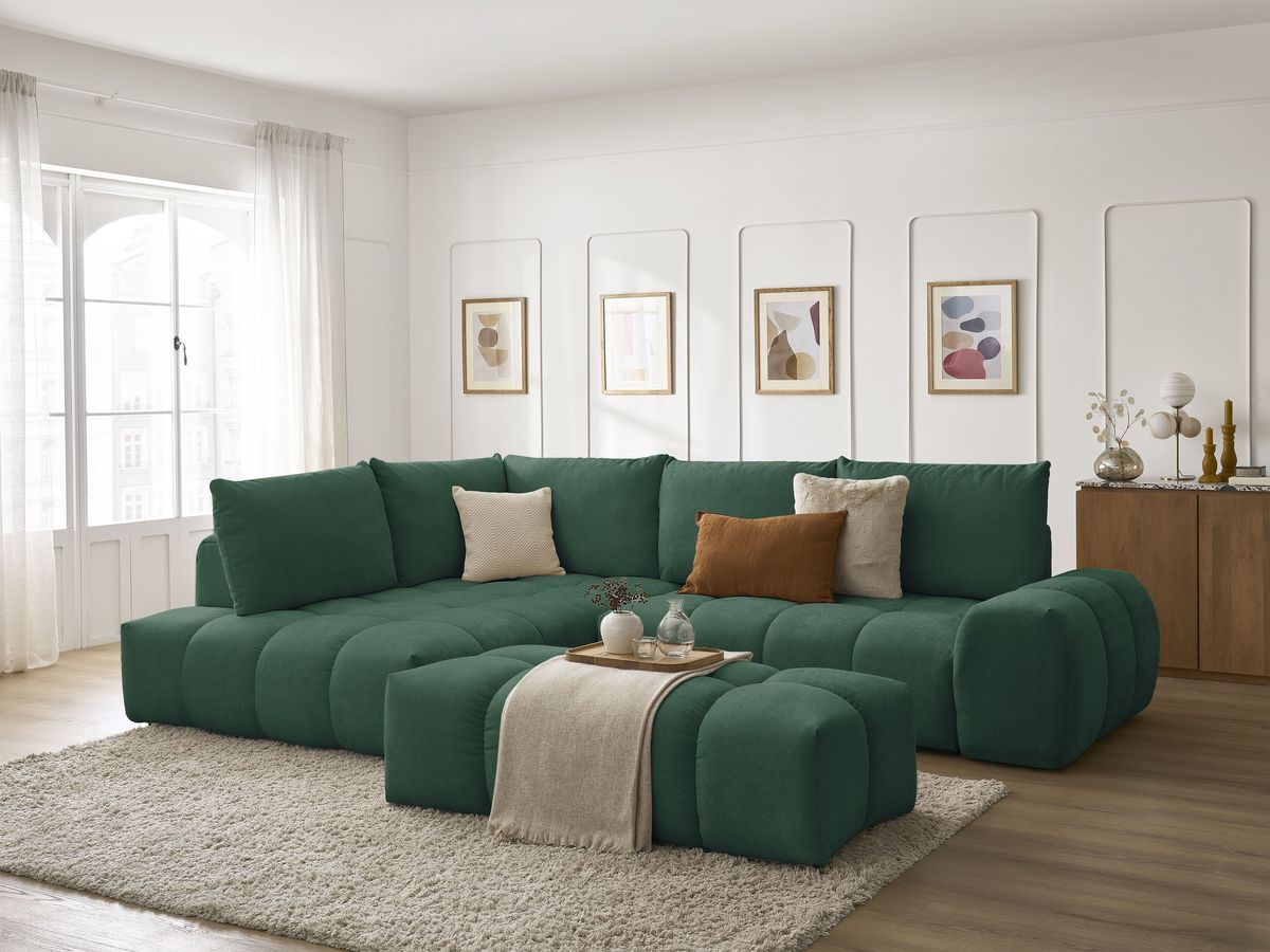 Canapé d'angle L convertible coffre EVEREST tissu texturé avec pouf