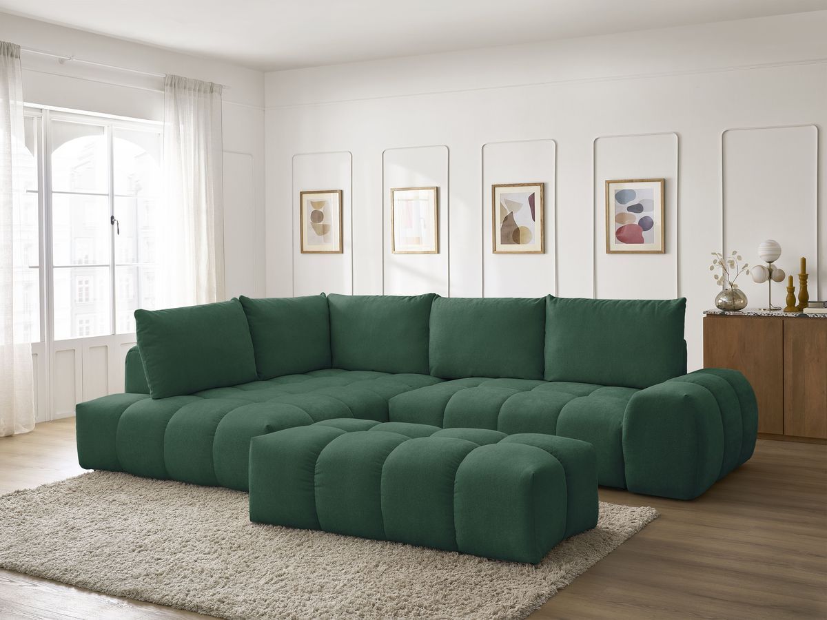 Canapé d'angle L convertible coffre EVEREST tissu texturé avec pouf