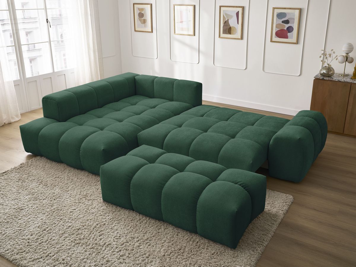Canapé d'angle L convertible coffre EVEREST tissu texturé avec pouf