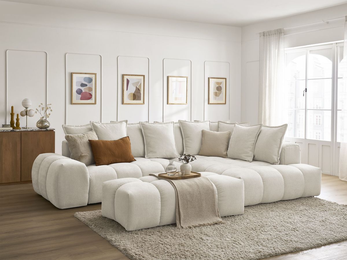 Canapé d'angle L convertible coffre EVEREST tissu texturé avec pouf