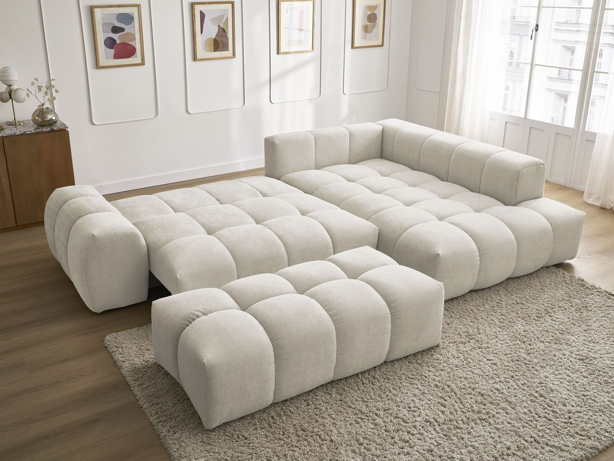 Canapé d'angle L convertible coffre EVEREST tissu texturé avec pouf