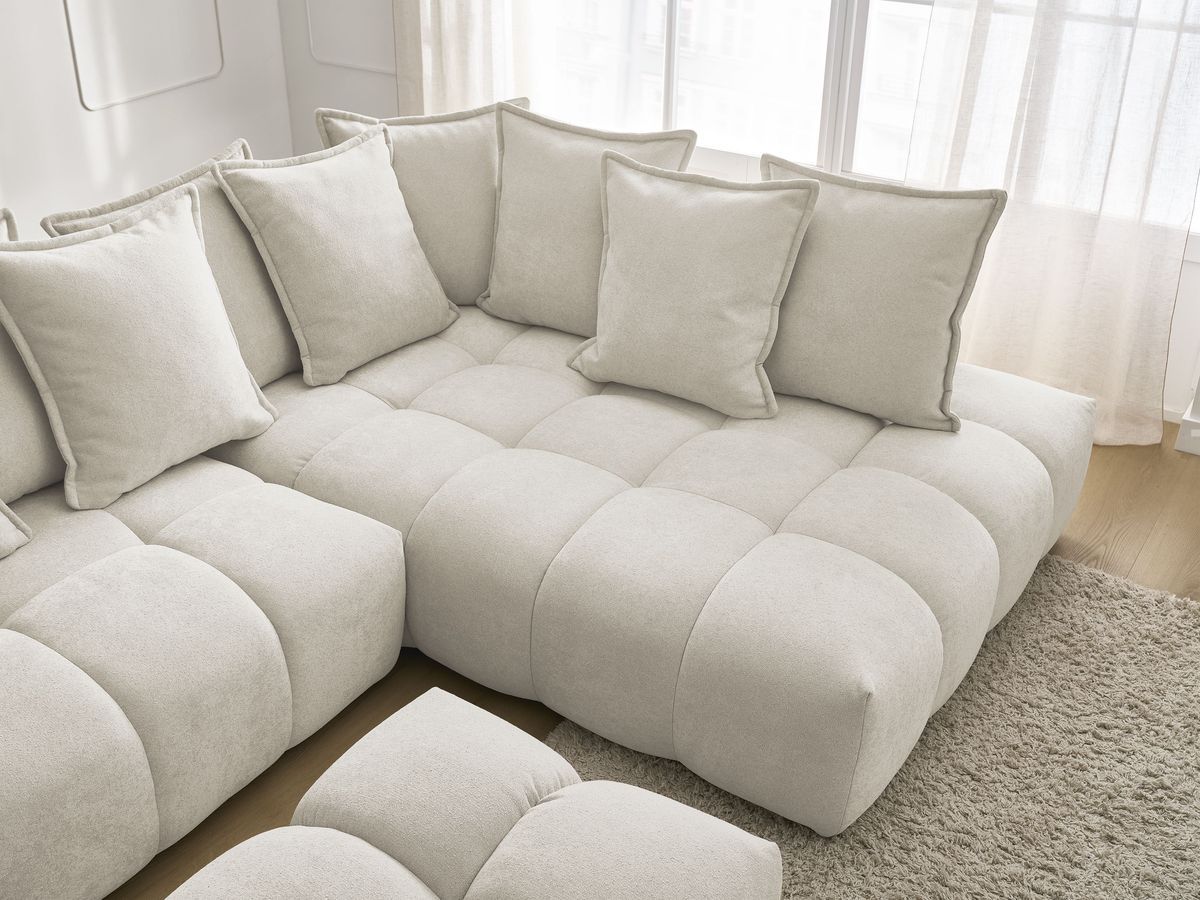 Canapé d'angle L convertible coffre EVEREST tissu texturé avec pouf