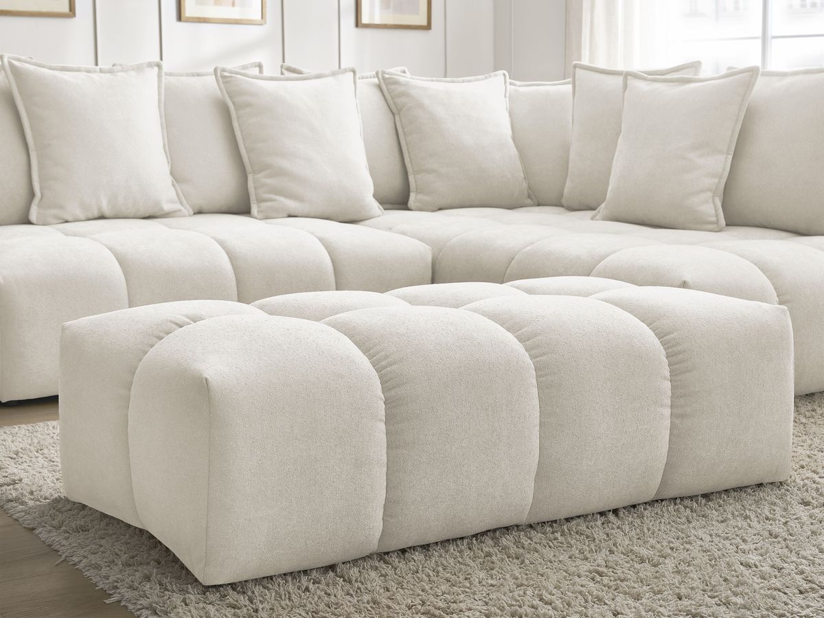 Canapé d'angle L convertible coffre EVEREST tissu texturé avec pouf