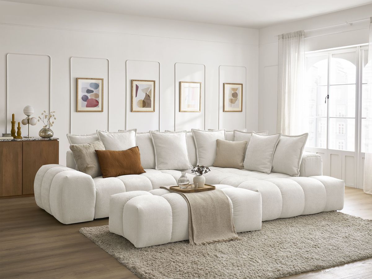 Canapé d'angle L convertible coffre EVEREST tissu texturé avec pouf