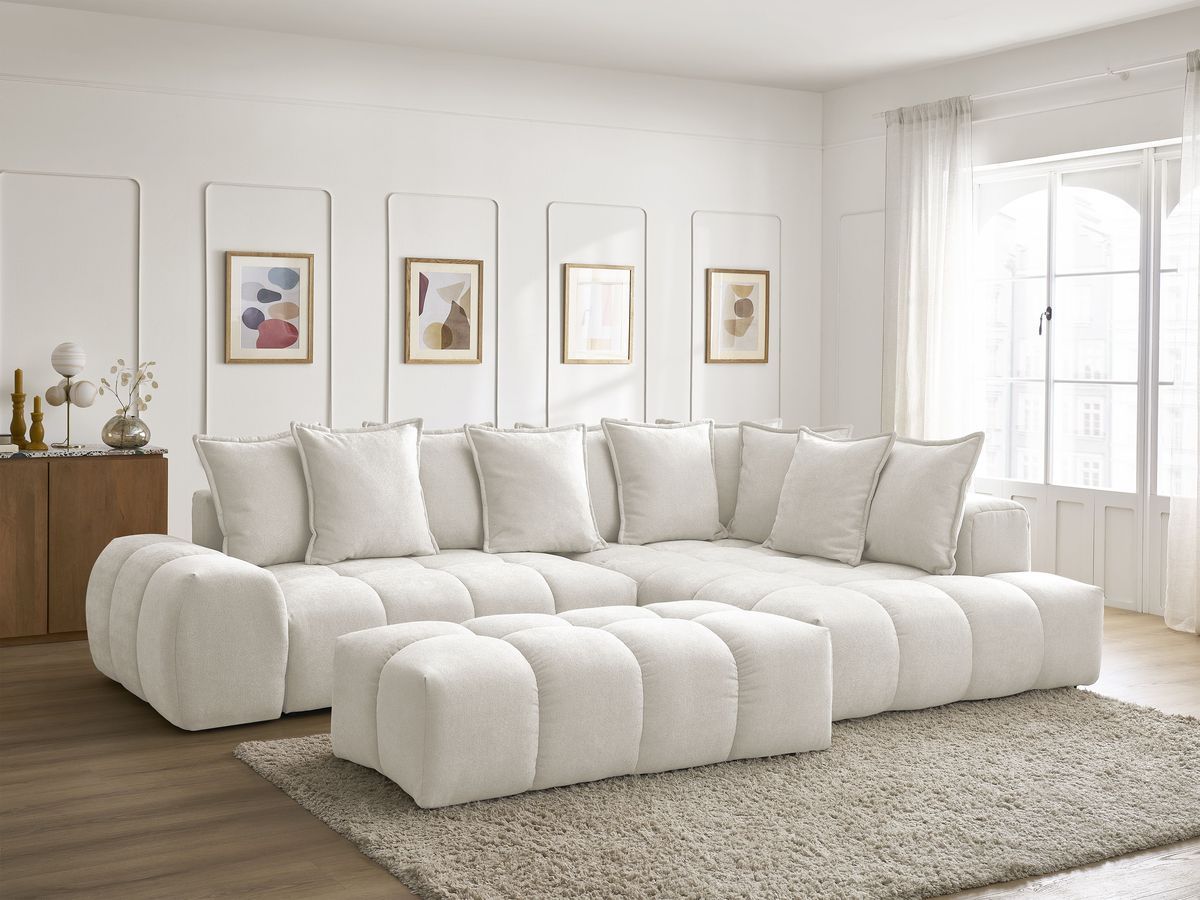 Canapé d'angle L convertible coffre EVEREST tissu texturé avec pouf