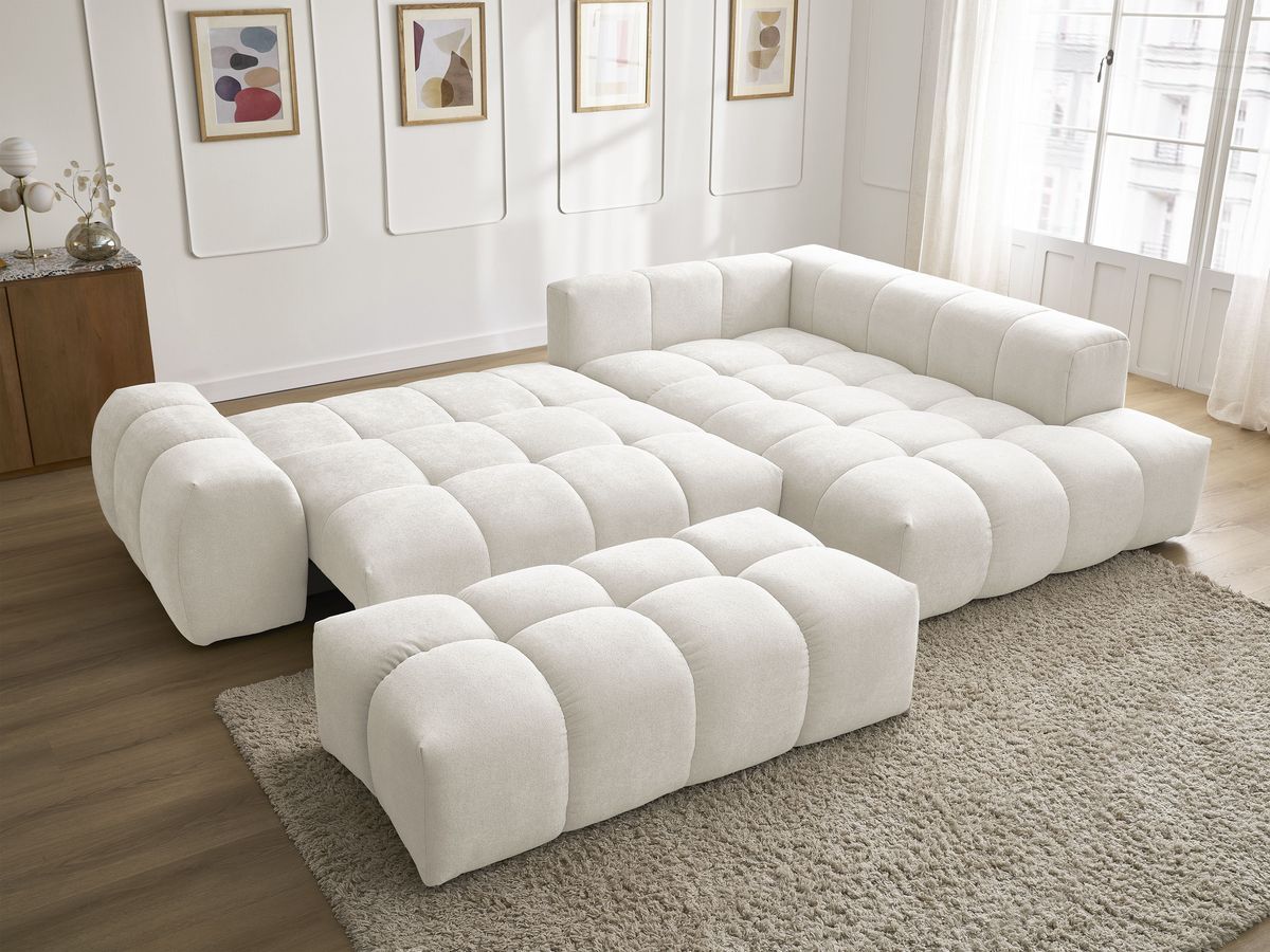 Canapé d'angle L convertible coffre EVEREST tissu texturé avec pouf