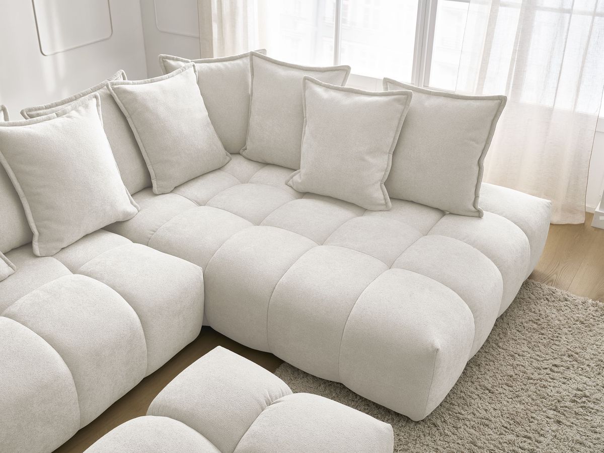 Canapé d'angle L convertible coffre EVEREST tissu texturé avec pouf