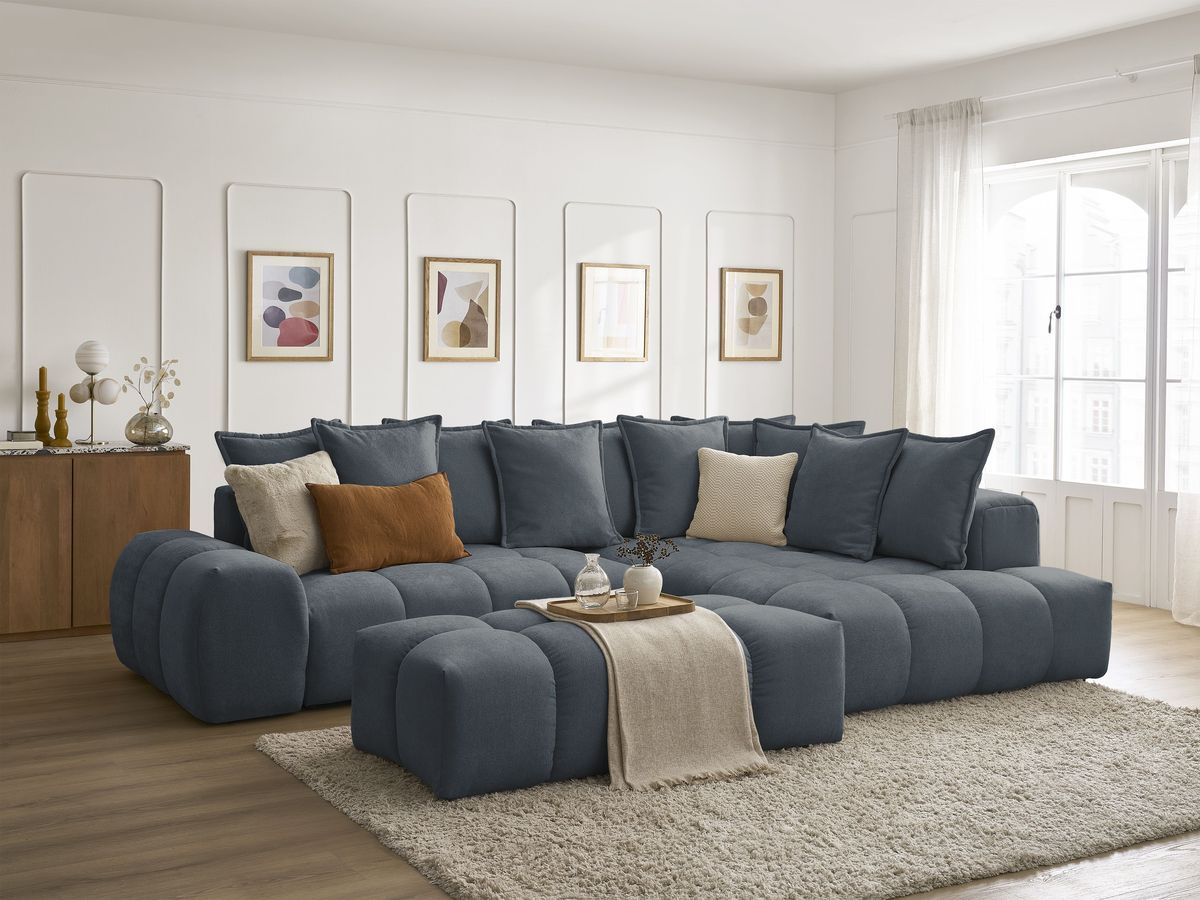 Canapé d'angle L convertible coffre EVEREST tissu texturé avec pouf