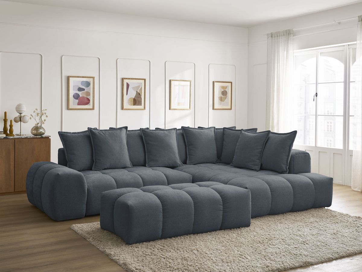Canapé d'angle L convertible coffre EVEREST tissu texturé avec pouf