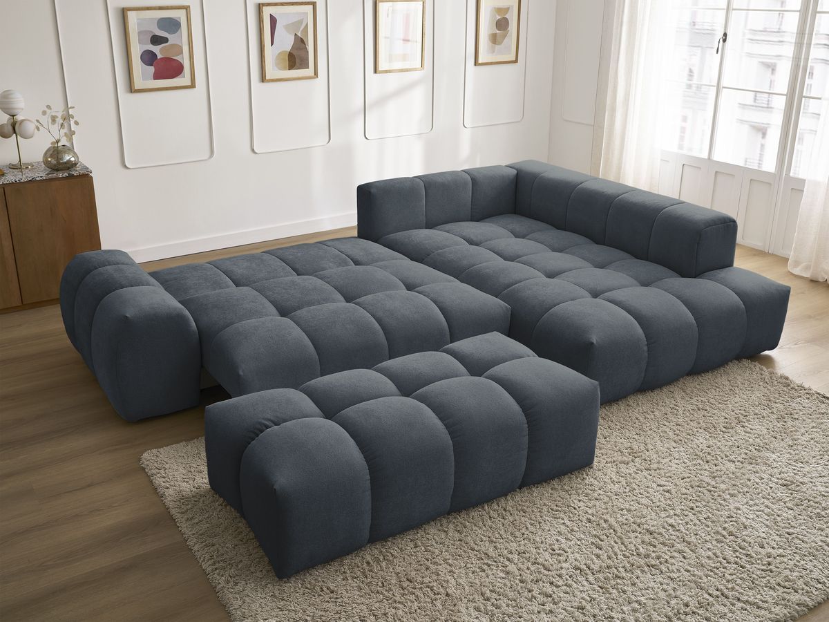 Canapé d'angle L convertible coffre EVEREST tissu texturé avec pouf