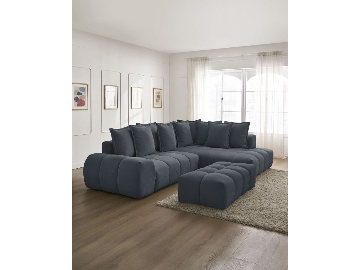 Canapé d'angle L convertible coffre EVEREST tissu texturé avec pouf