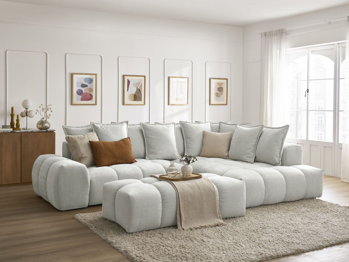 Canapé d'angle L convertible coffre EVEREST tissu texturé avec pouf