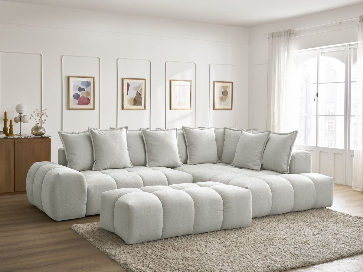 Canapé d'angle L convertible coffre EVEREST tissu texturé avec pouf