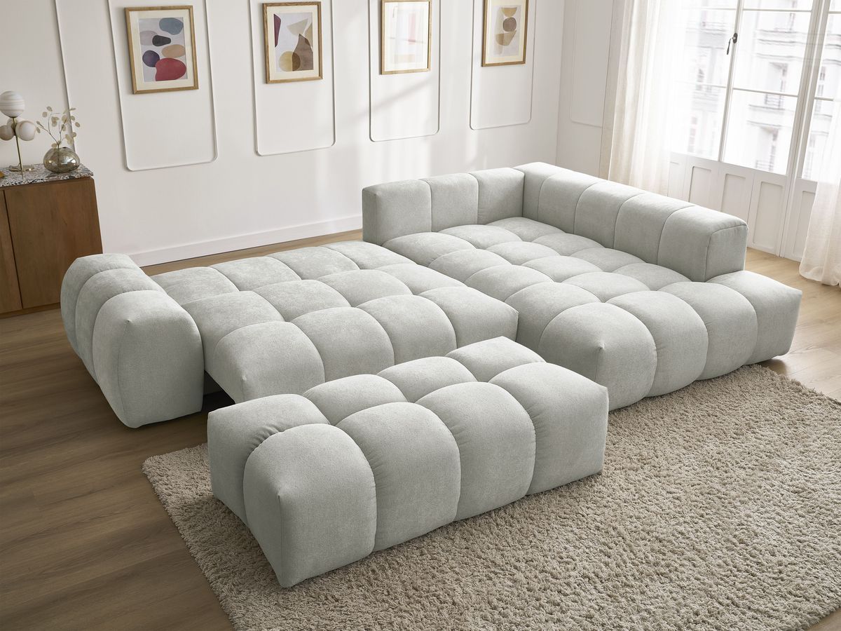 Canapé d'angle L convertible coffre EVEREST tissu texturé avec pouf