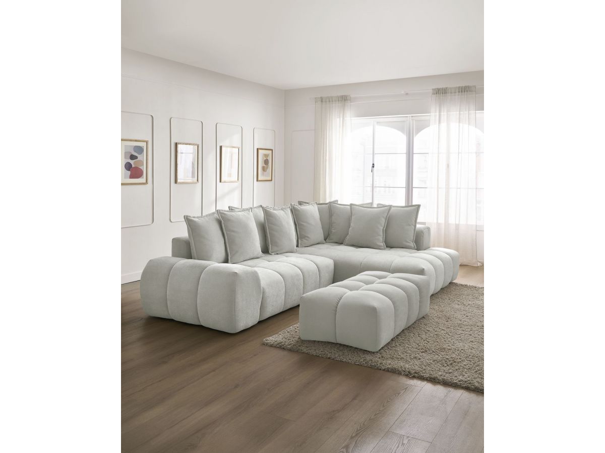 Canapé d'angle L convertible coffre EVEREST tissu texturé avec pouf