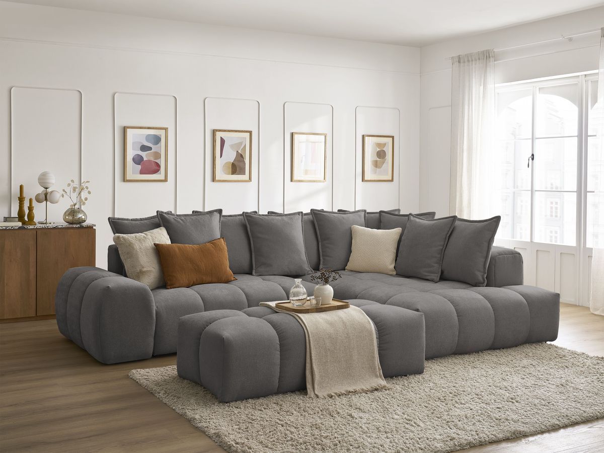 Canapé d'angle L convertible coffre EVEREST tissu texturé avec pouf