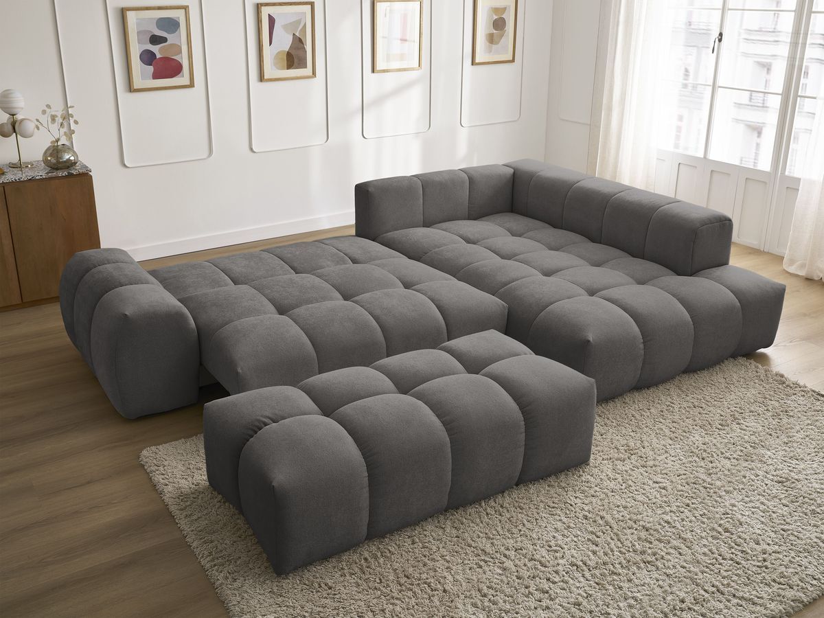 Canapé d'angle L convertible coffre EVEREST tissu texturé avec pouf