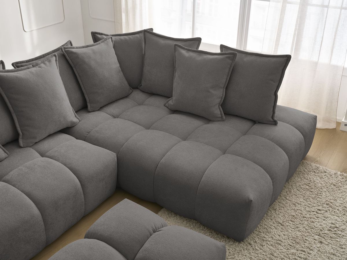 Canapé d'angle L convertible coffre EVEREST tissu texturé avec pouf