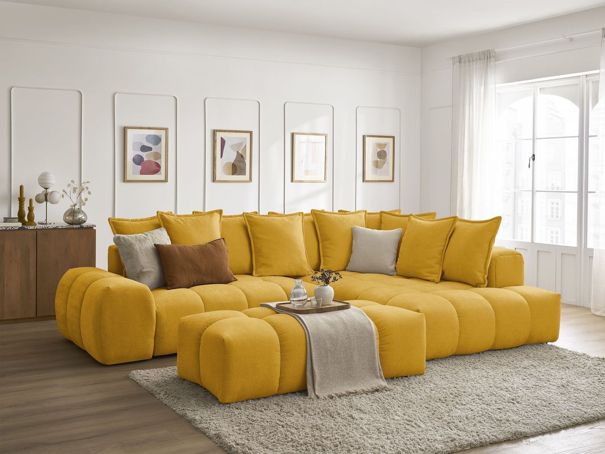 Canapé d'angle L convertible coffre EVEREST tissu texturé avec pouf