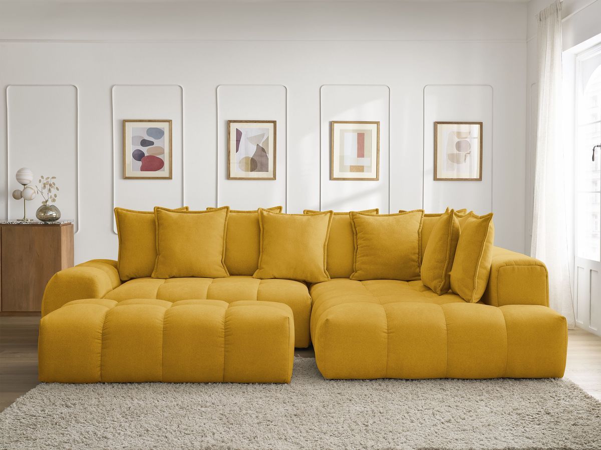Canapé d'angle L convertible coffre EVEREST tissu texturé avec pouf jaune angle droit BOBOCHIC 4 places - Vue supplémentaire 3
