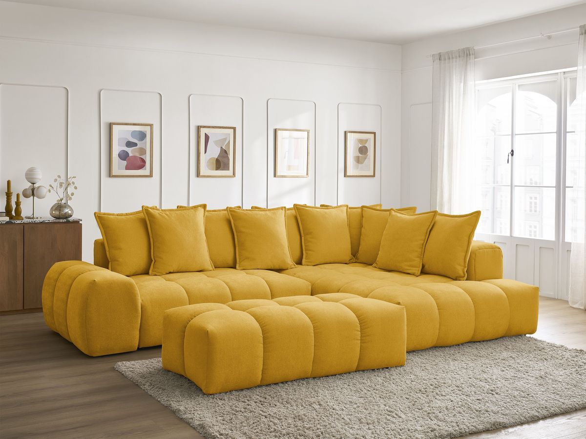 Canapé d'angle L convertible coffre EVEREST tissu texturé avec pouf