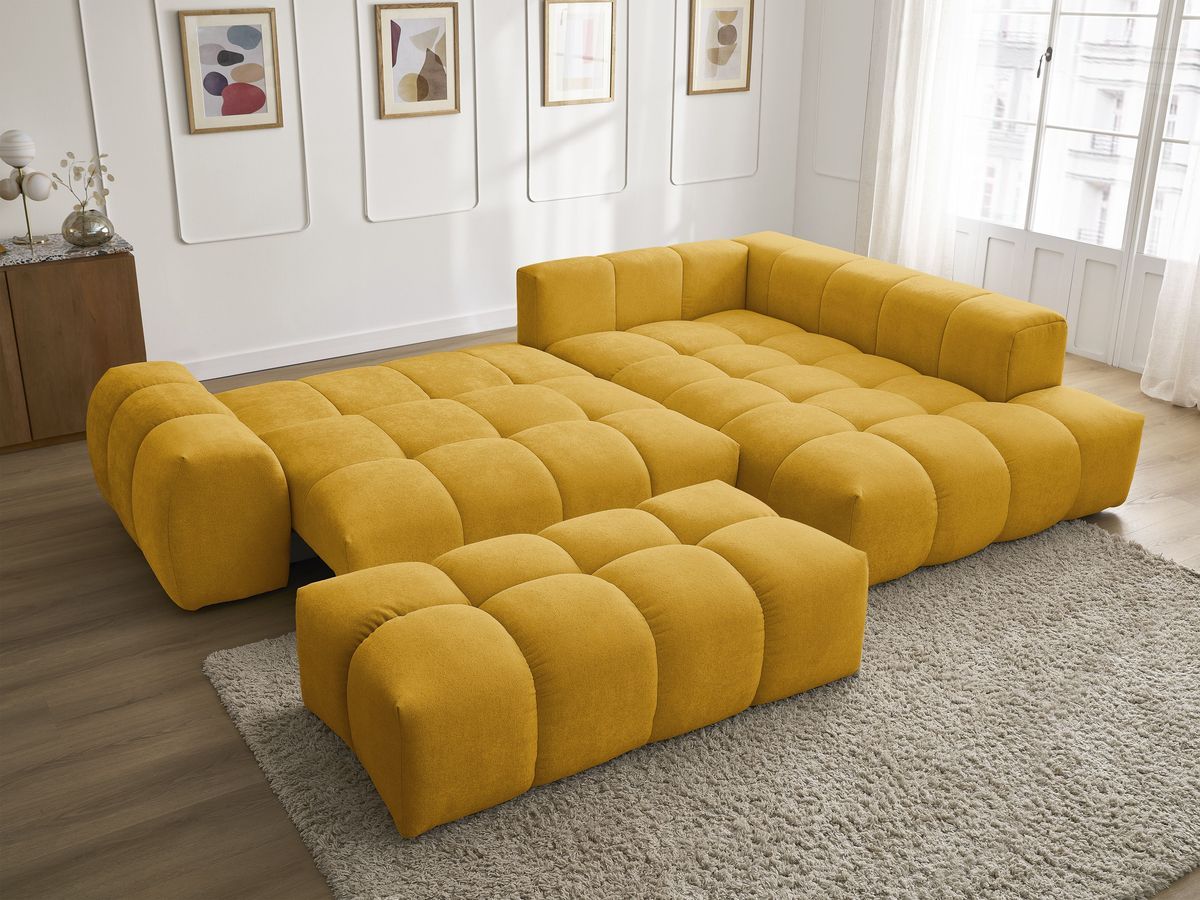 Canapé d'angle L convertible coffre EVEREST tissu texturé avec pouf