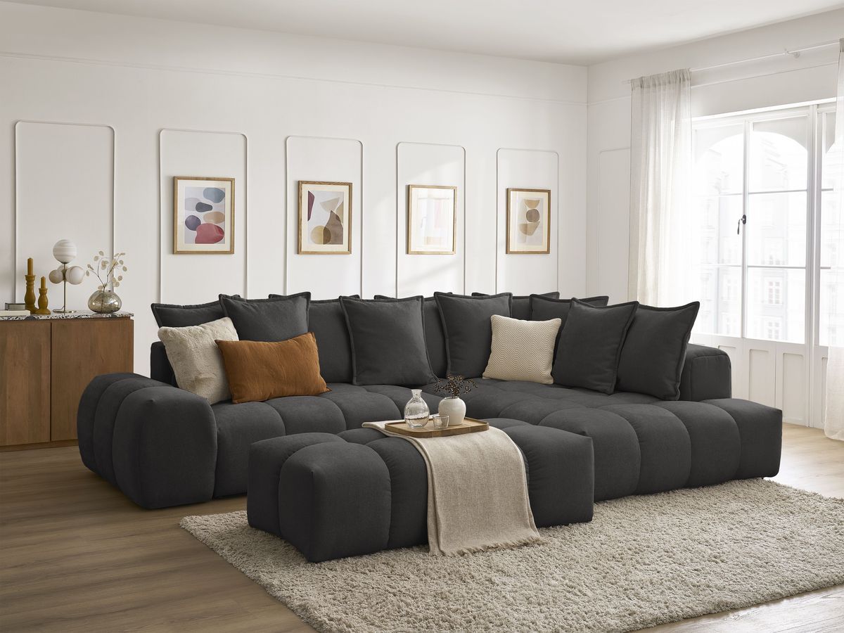 Canapé d'angle L convertible coffre EVEREST tissu texturé avec pouf