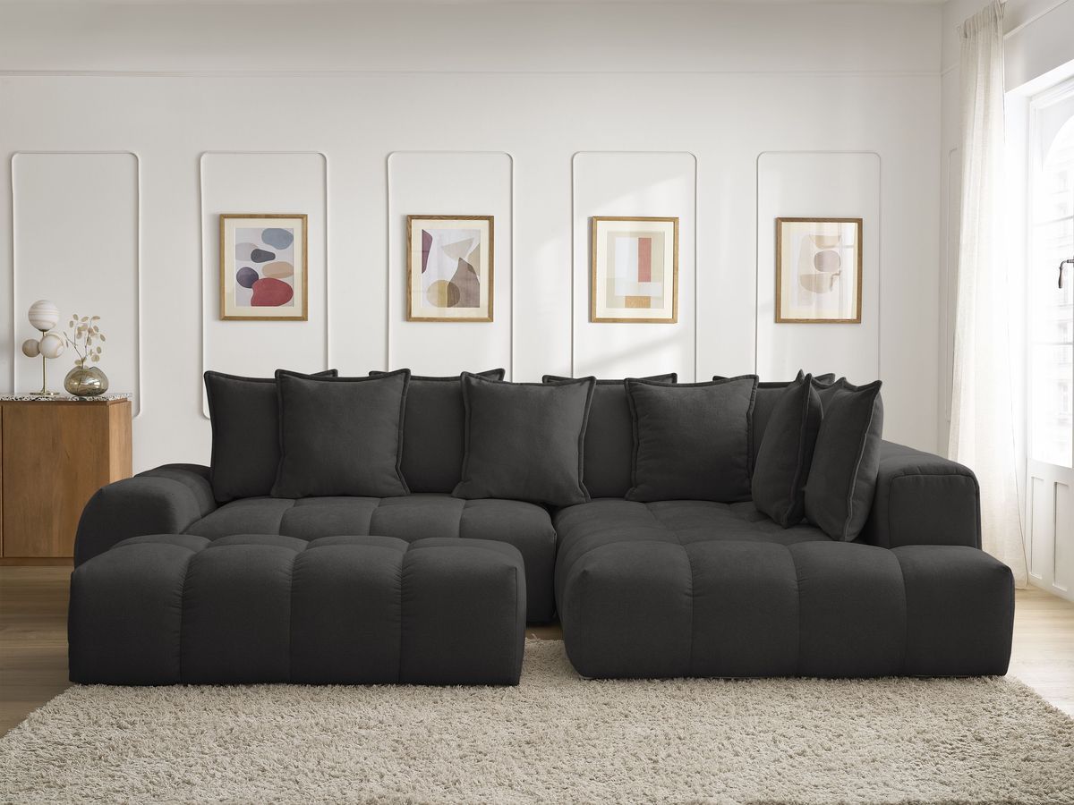 Canapé d'angle L convertible coffre EVEREST tissu texturé avec pouf noir angle droit BOBOCHIC 4 places - Vue supplémentaire 3