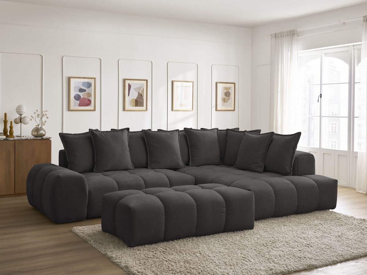 Canapé d'angle L convertible coffre EVEREST tissu texturé avec pouf
