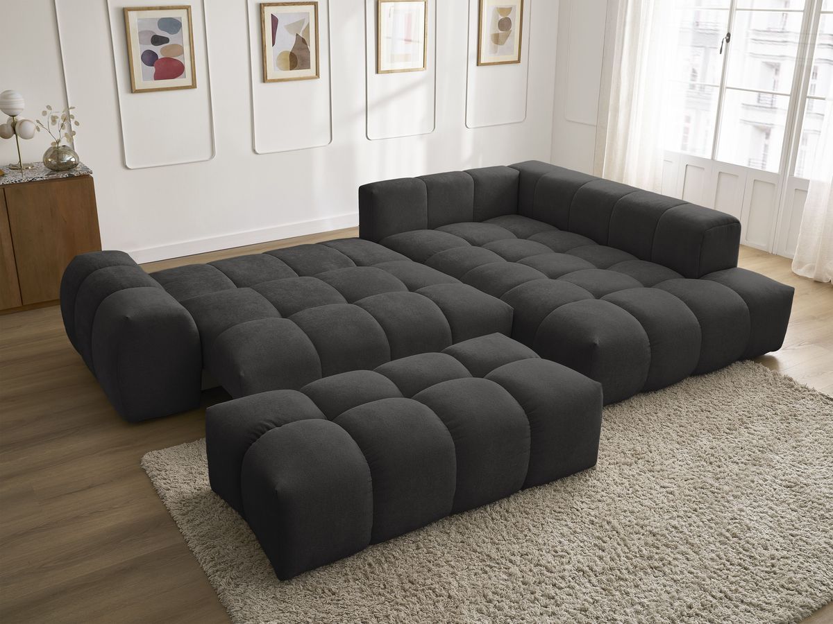 Canapé d'angle L convertible coffre EVEREST tissu texturé avec pouf