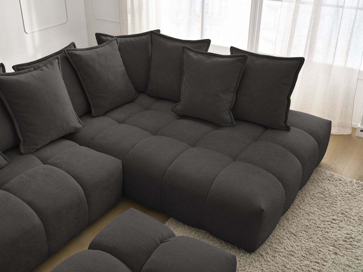 Canapé d'angle L convertible coffre EVEREST tissu texturé avec pouf