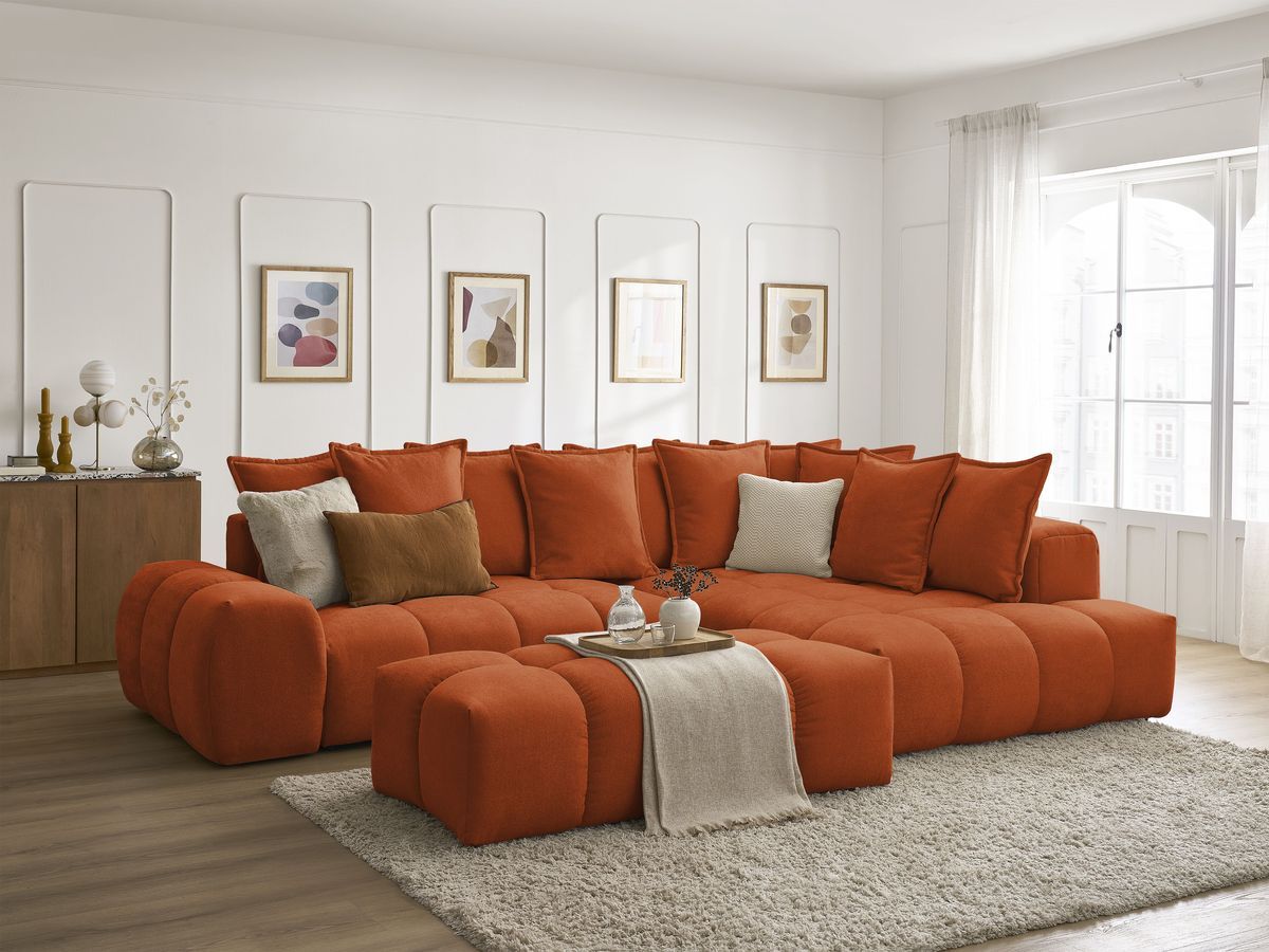 Canapé d'angle L convertible coffre EVEREST tissu texturé avec pouf