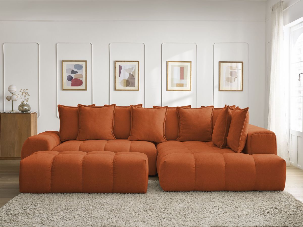 Canapé d'angle L convertible coffre EVEREST tissu texturé avec pouf orange angle droit BOBOCHIC 4 places - Vue supplémentaire 3