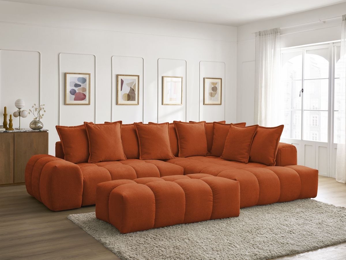 Canapé d'angle L convertible coffre EVEREST tissu texturé avec pouf