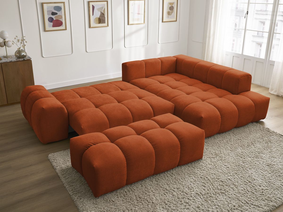 Canapé d'angle L convertible coffre EVEREST tissu texturé avec pouf