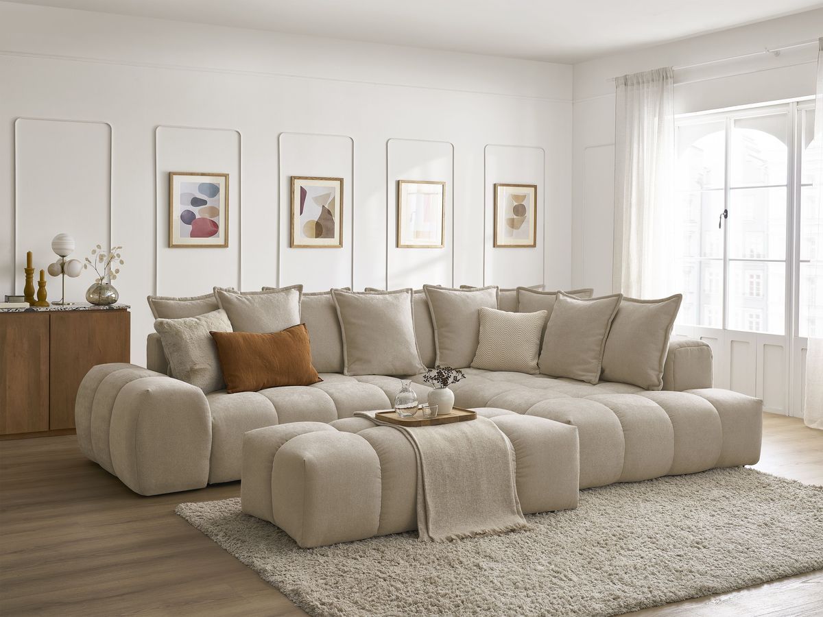 Canapé d'angle L convertible coffre EVEREST tissu texturé avec pouf