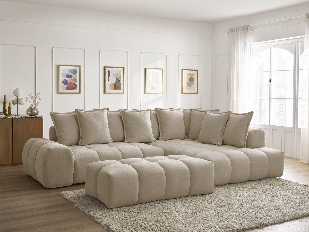 Canapé d'angle L convertible coffre EVEREST tissu texturé avec pouf