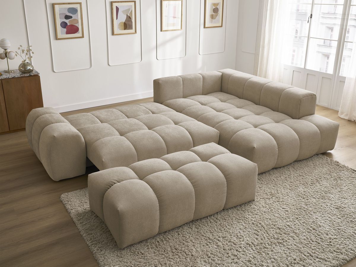 Canapé d'angle L convertible coffre EVEREST tissu texturé avec pouf