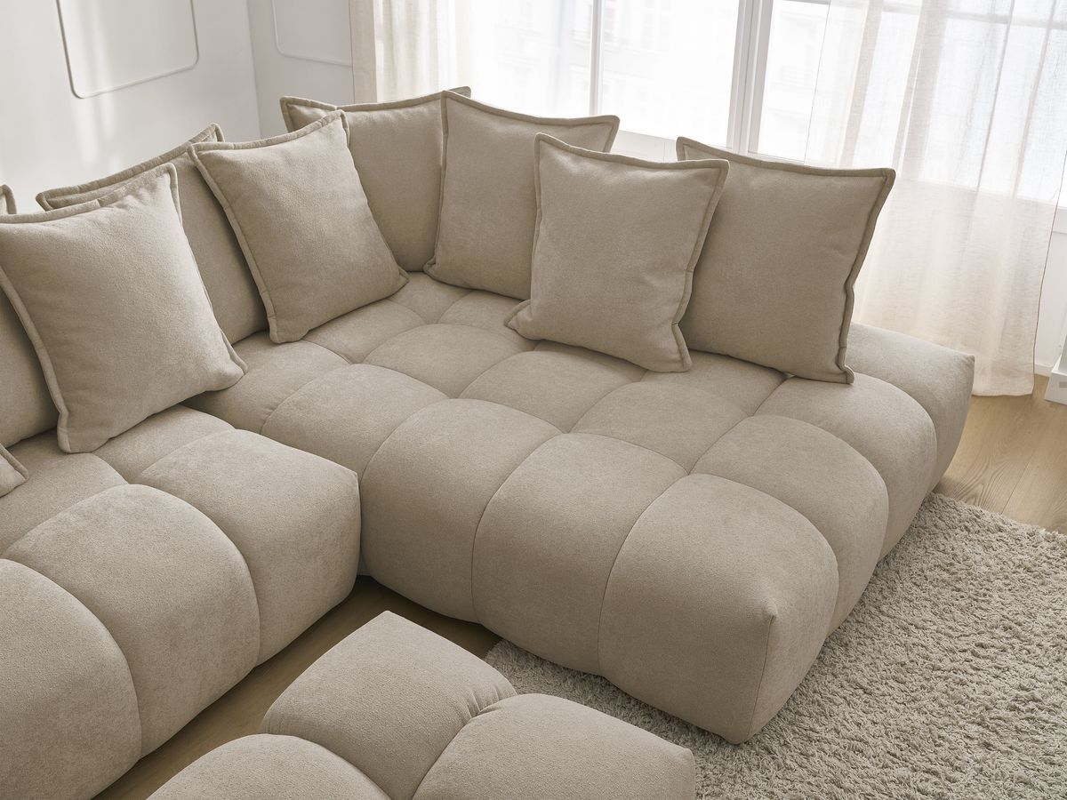 Canapé d'angle L convertible coffre EVEREST tissu texturé avec pouf