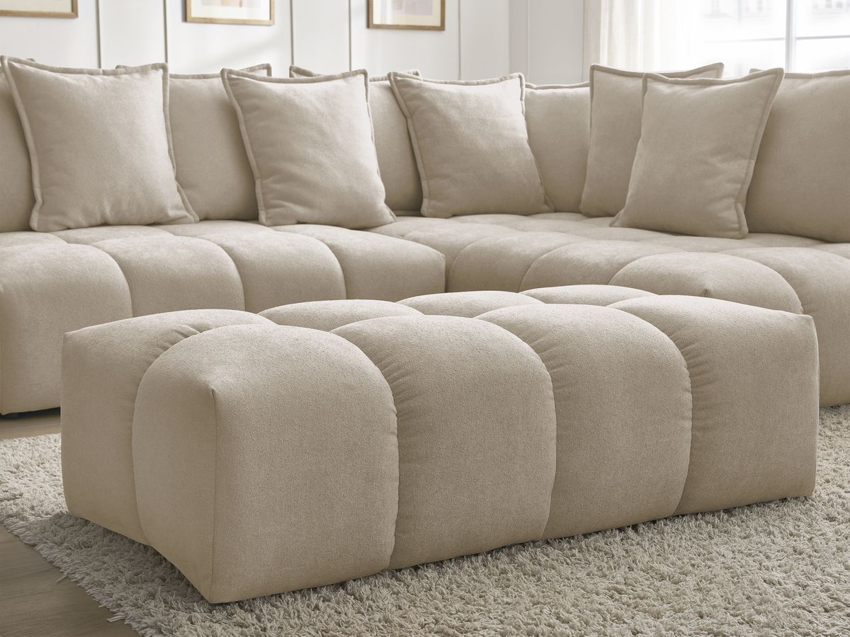 Canapé d'angle L convertible coffre EVEREST tissu texturé avec pouf