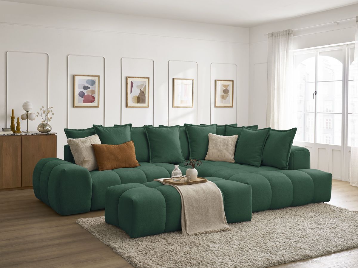 Canapé d'angle L convertible coffre EVEREST tissu texturé avec pouf