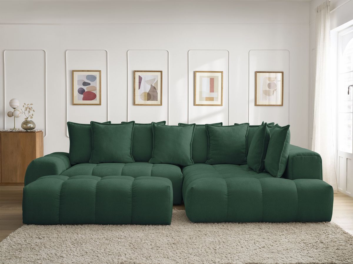 Canapé d'angle L convertible coffre EVEREST tissu texturé avec pouf vert angle droit BOBOCHIC 4 places - Vue supplémentaire 3