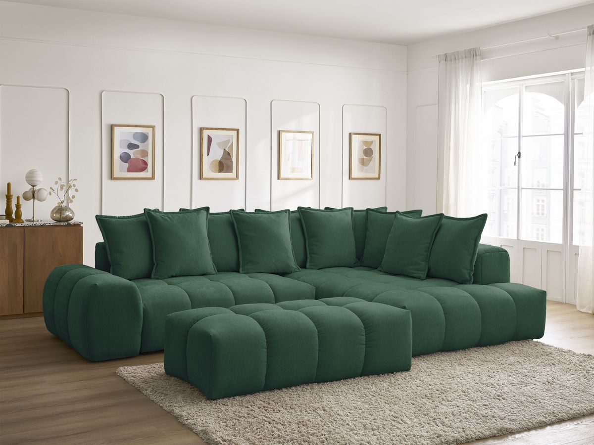 Canapé d'angle L convertible coffre EVEREST tissu texturé avec pouf